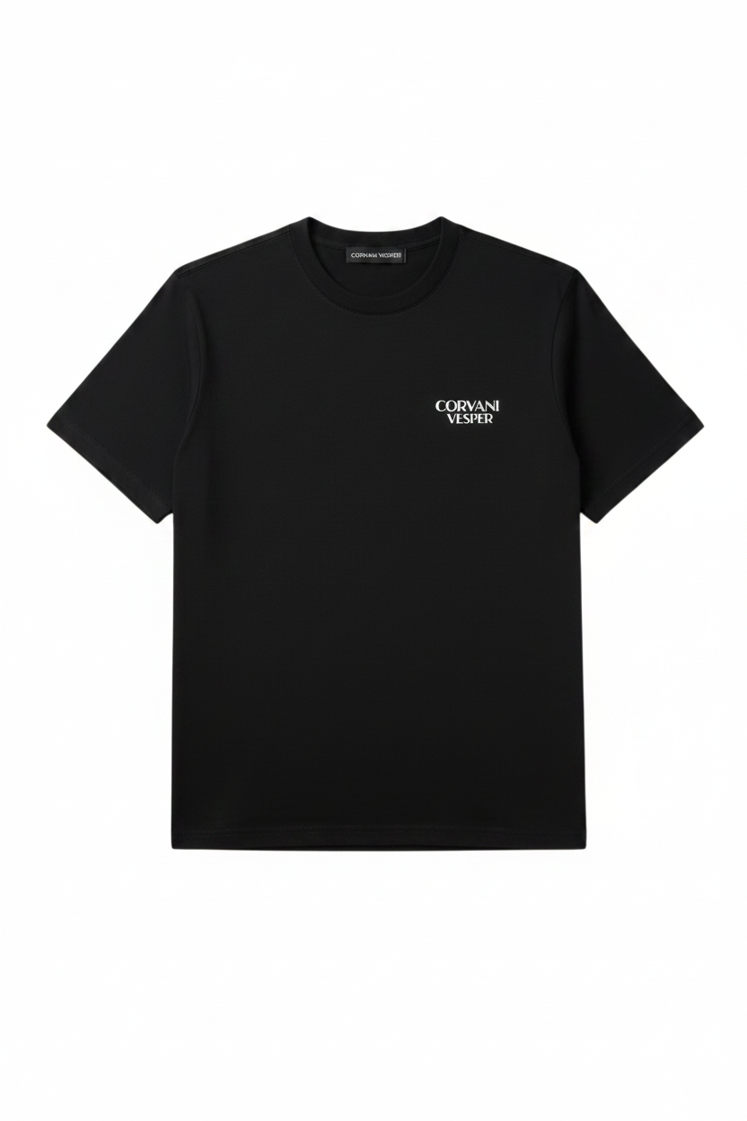 Corvani Vesper Signature T-shirt in black with logo design, casual short-sleeve cotton tee, front view.