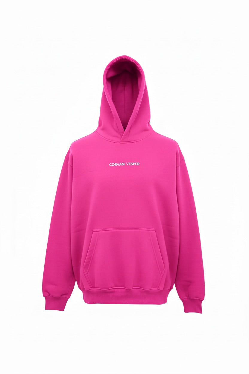 Pink Classico L Edition hoodie set by CORVANI VESPER, featuring a casual hoodie and matching pants, displayed on a model.