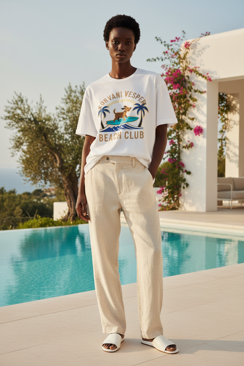 Corvani Vesper T-shirt featuring Pups Beach Club design, casual shirt with beach-themed graphics, in a vibrant style.