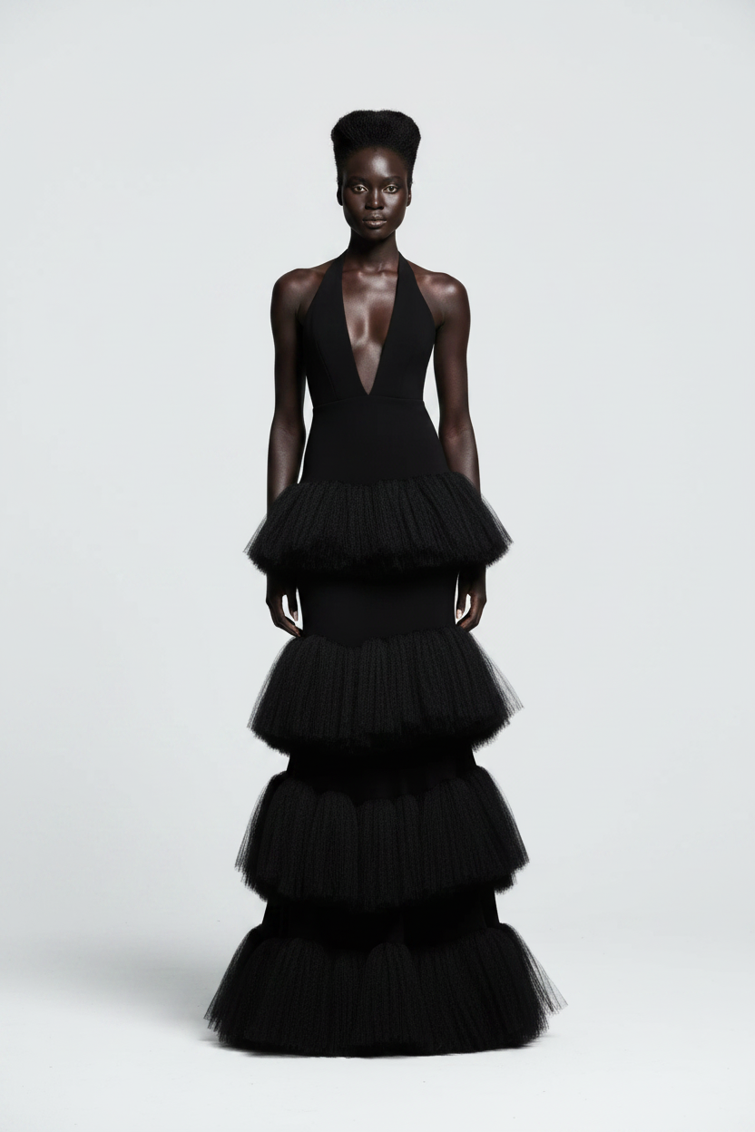 Noir Cascade Black Tiered Tulle Dress