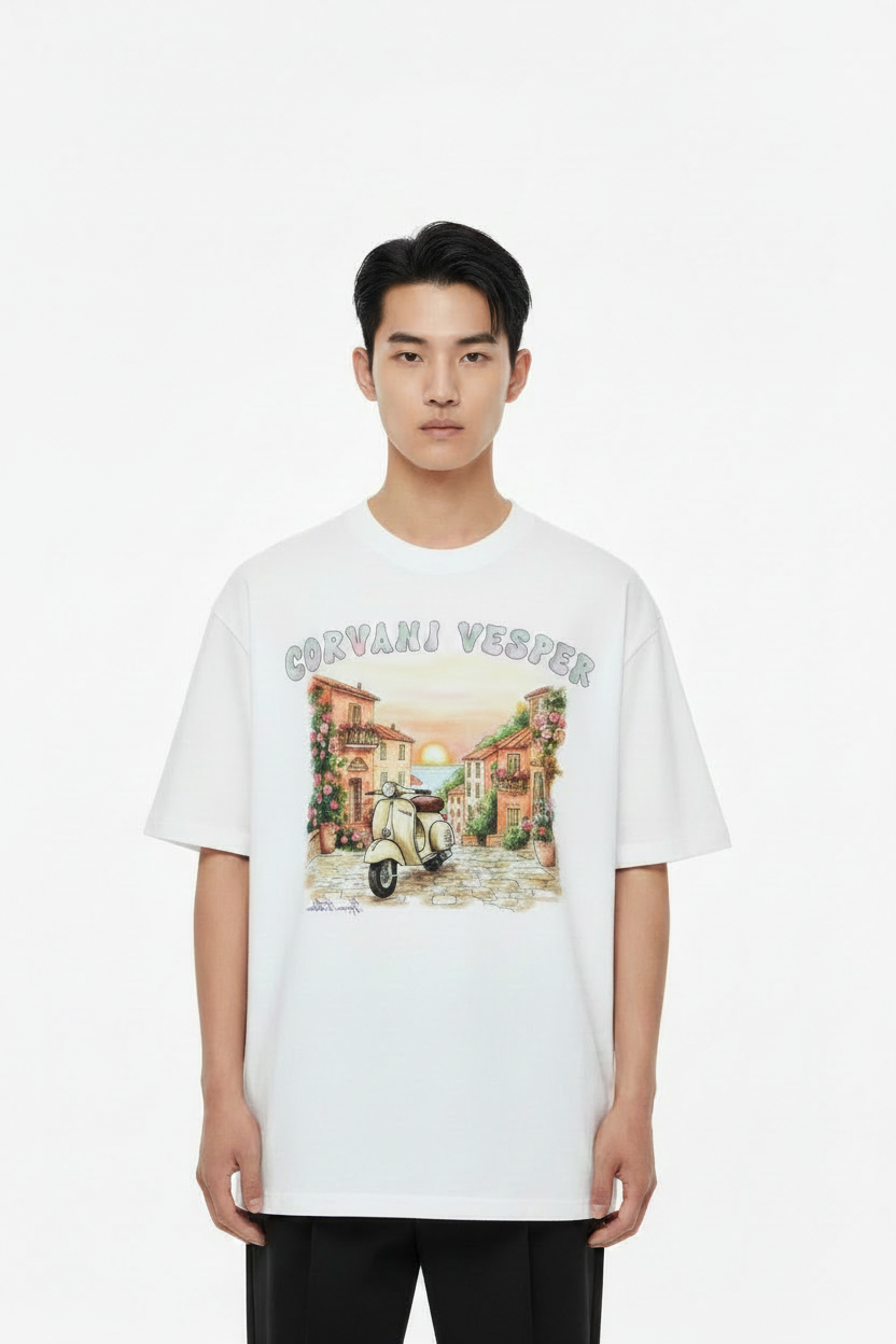 Corvani Vesper IL Borgo luxury graphic tee on model, Italian village design