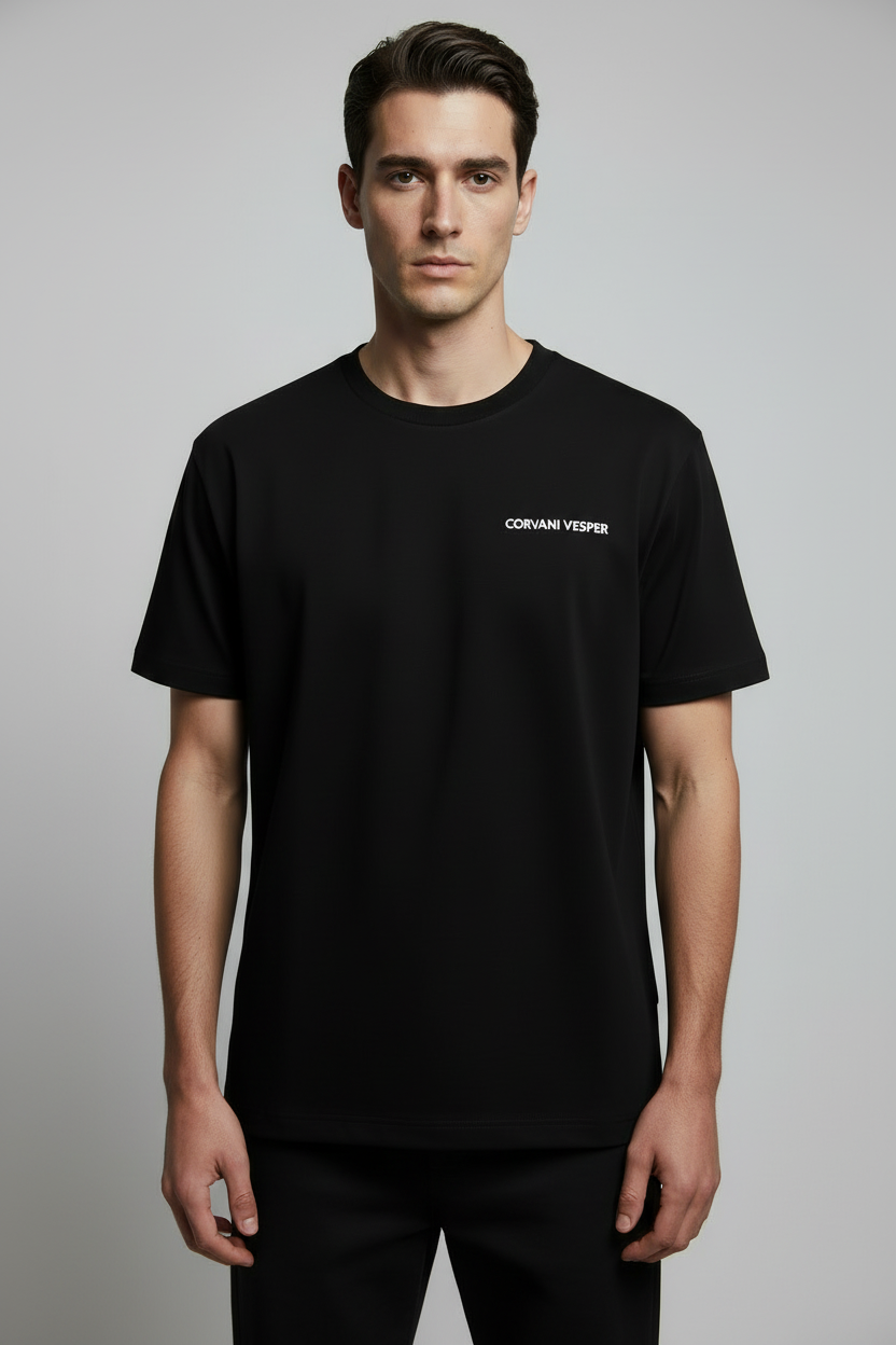 Corvani Vesper black embroidered logo T-shirt for men, featuring a classic crew neck and stylish branding detail.