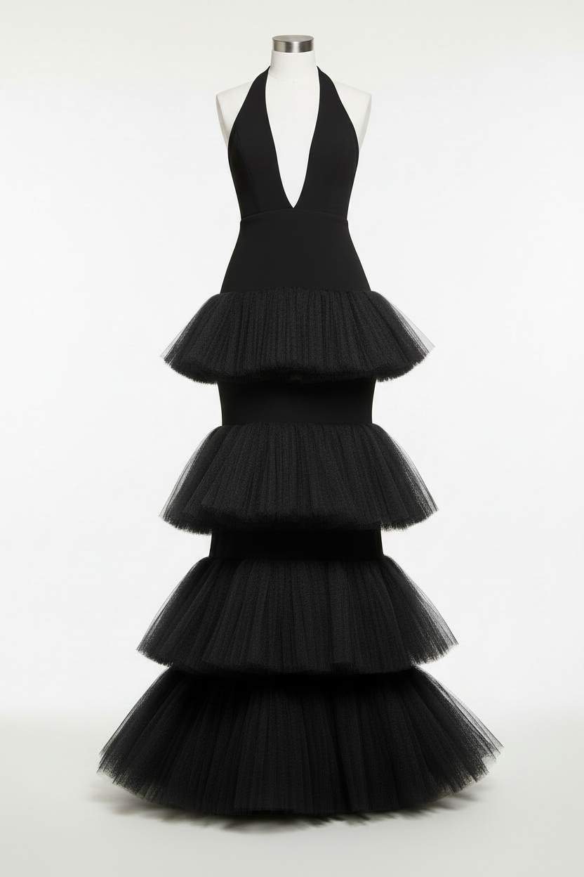 Noir Cascade Black Tiered Tulle Dress