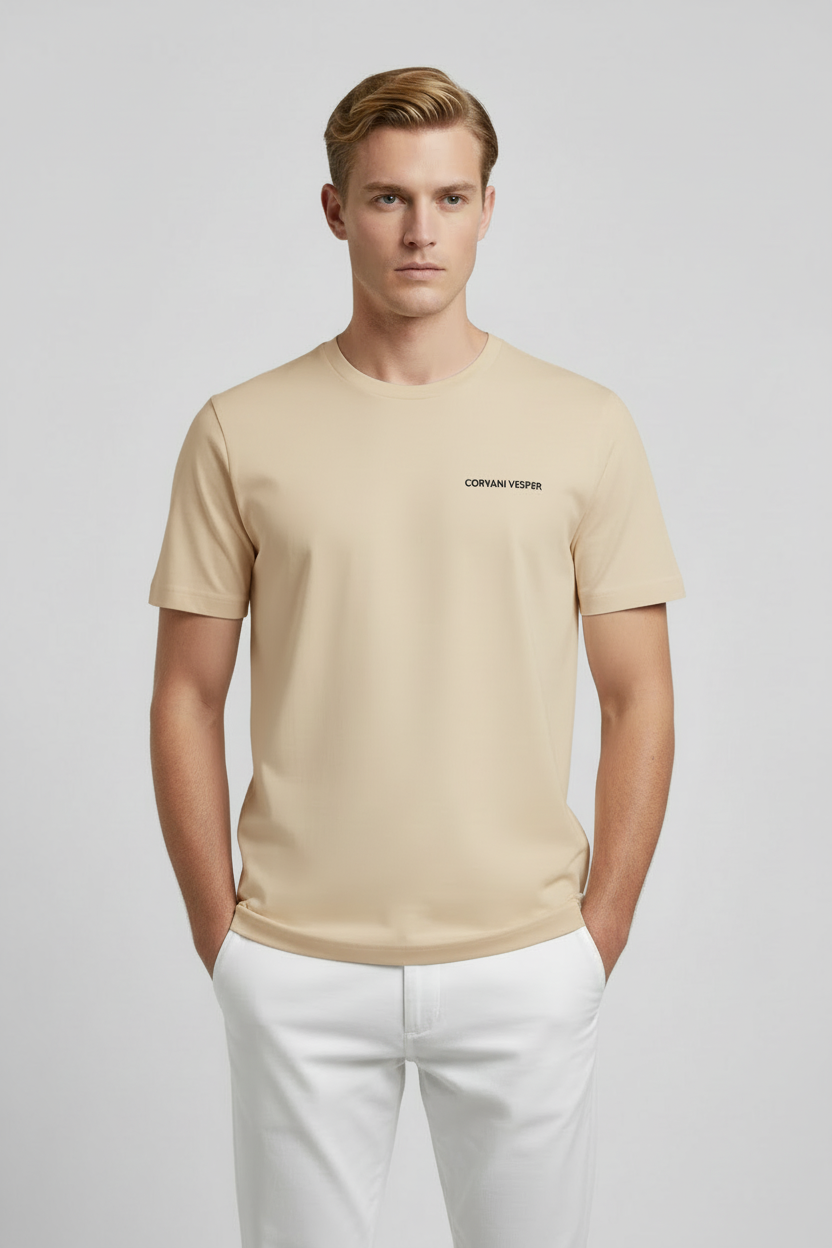 Corvani Vesper beige embroidered logo T-shirt, casual short sleeve cotton top with logo detail, in sand beige color.