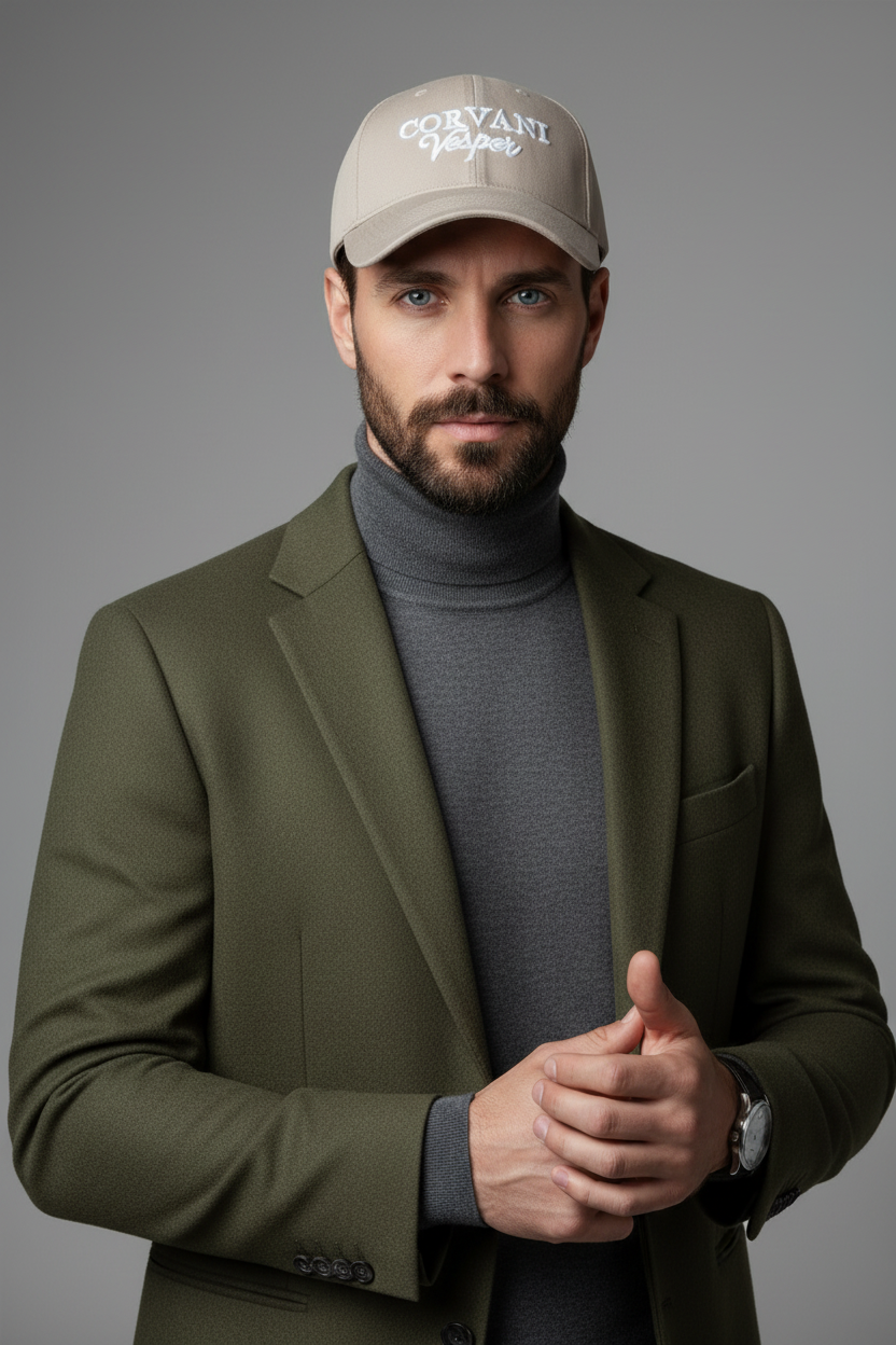 Corvani Vesper Signature beige face cap by Exclusive, showing the front view with adjustable strap and brand logo on the front.