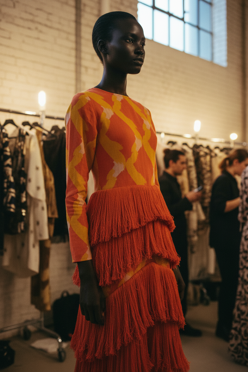 CORVANI VESPER ÀṢÀ layered fringe long dress featuring flowing fabric and intricate fringe details, full-length style.