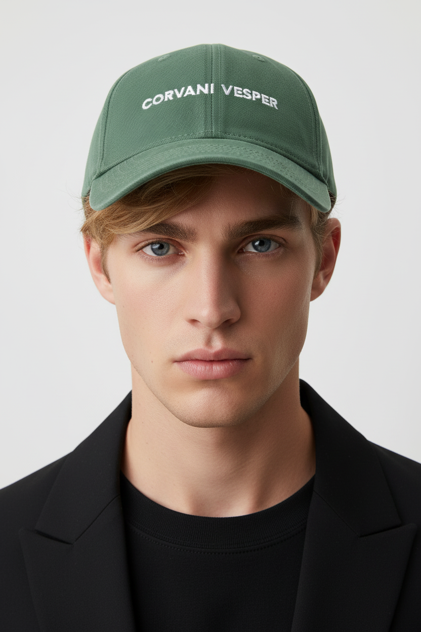 Corvani Vesper classic baseball cap in garden green, face cap with curved brim and adjustable strap, outdoors setting