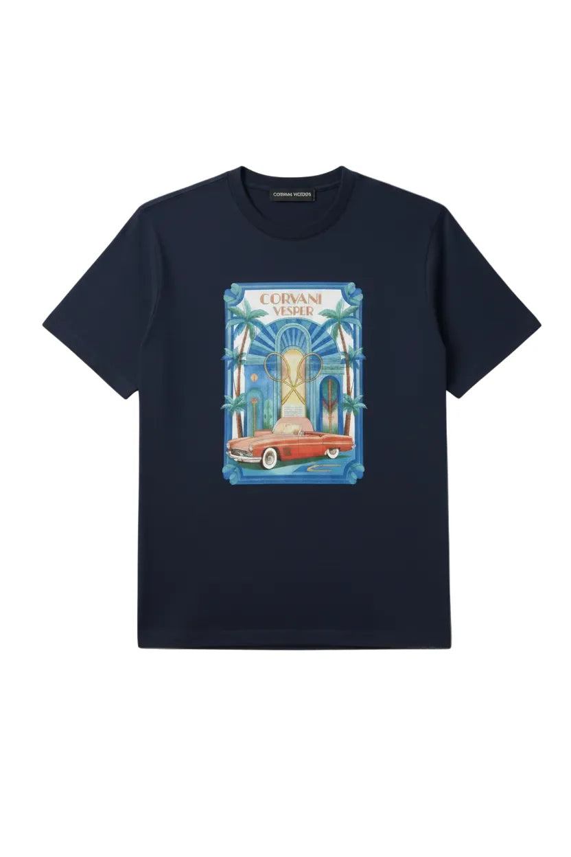 Corvani Vesper Vita al Mare white T-shirt with printed design, casual crew neck style, soft fabric, displayed on a flat background.