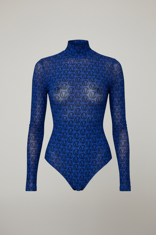 Corvani Vesper Long Sleeve Monogram Mesh Bodysuit Top - CORVANI VESPER