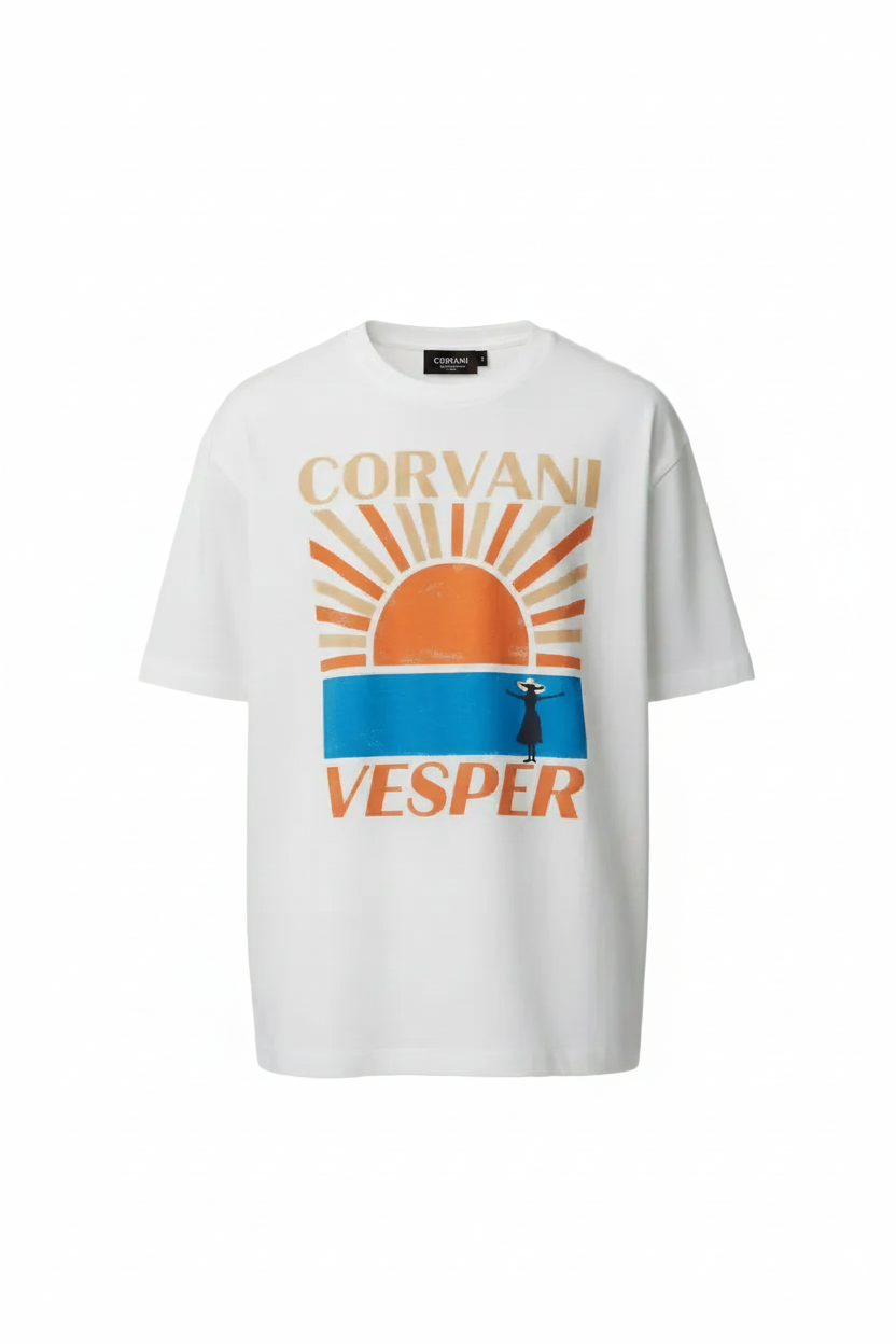 Corvani Vesper Vita Al Mare T-shirt featuring a vibrant sun-themed design on a lightweight, casual men's T-shirt.