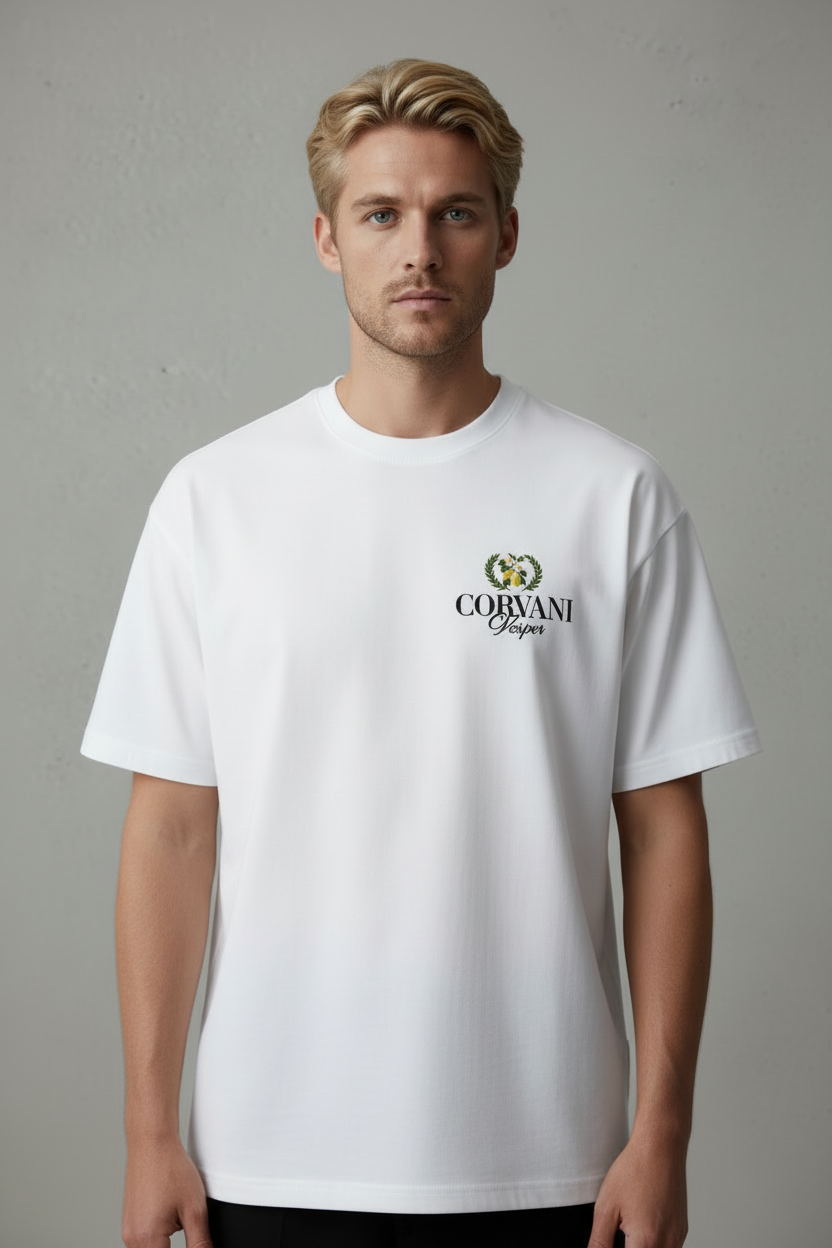 White Vita Al Mare Limone T-shirt by CORVANI VESPER, featuring a comfortable cotton fabric and stylish lemon graphic design.