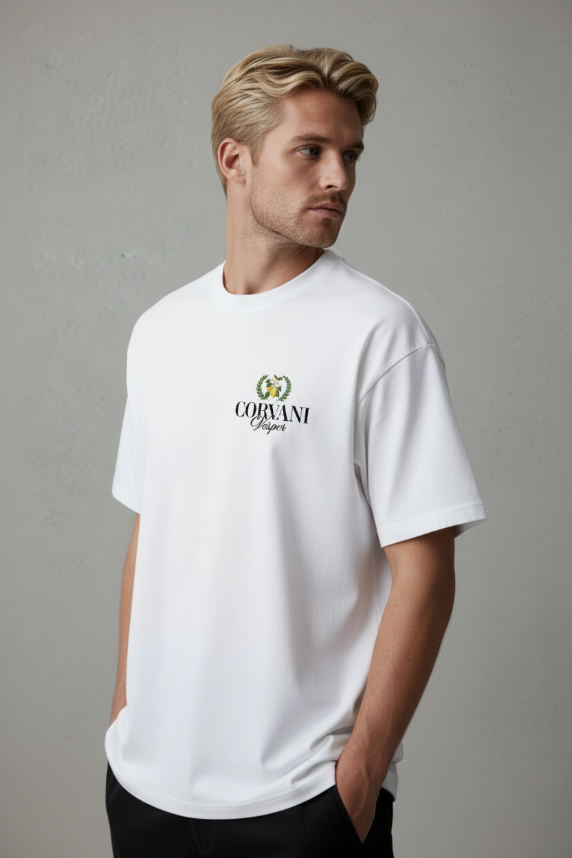 White Vita Al Mare Limone T-shirt by CORVANI VESPER with a simple, clean design displayed on a plain background.