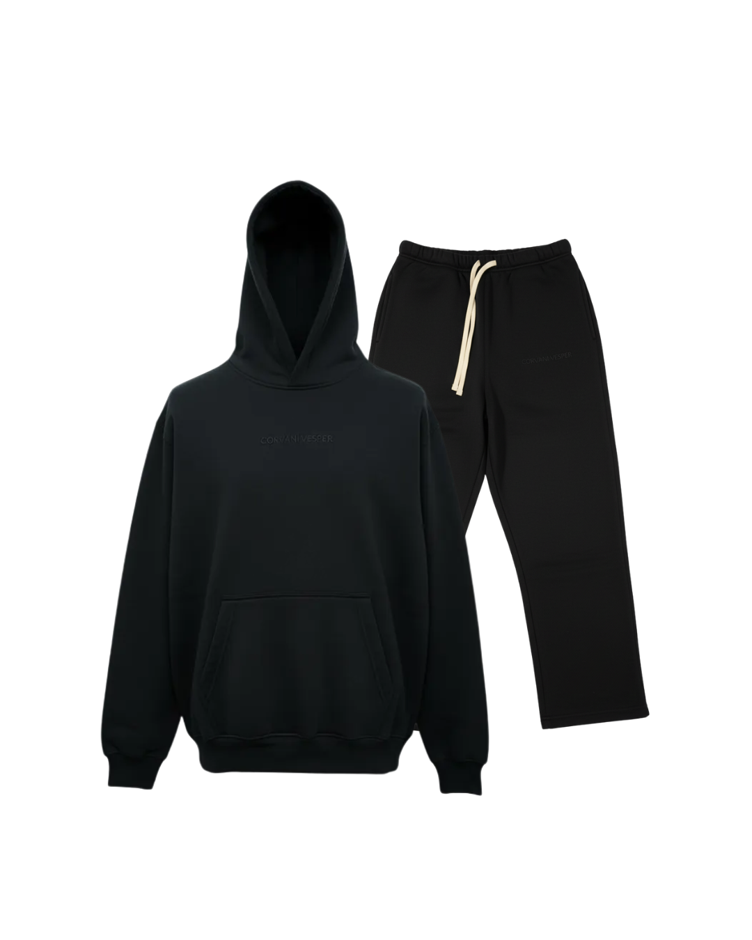 CORVANI VESPERS Classico L Edition black hoodie set, featuring a comfortable hoodie and matching pants in a sleek design