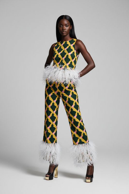 Corvani Vesper Riviera Diamanté Feather Trim Pant Set - CORVANI VESPER