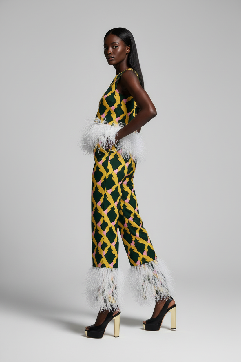 Corvani Vesper Riviera Diamanté Feather Trim Pant Set - CORVANI VESPER