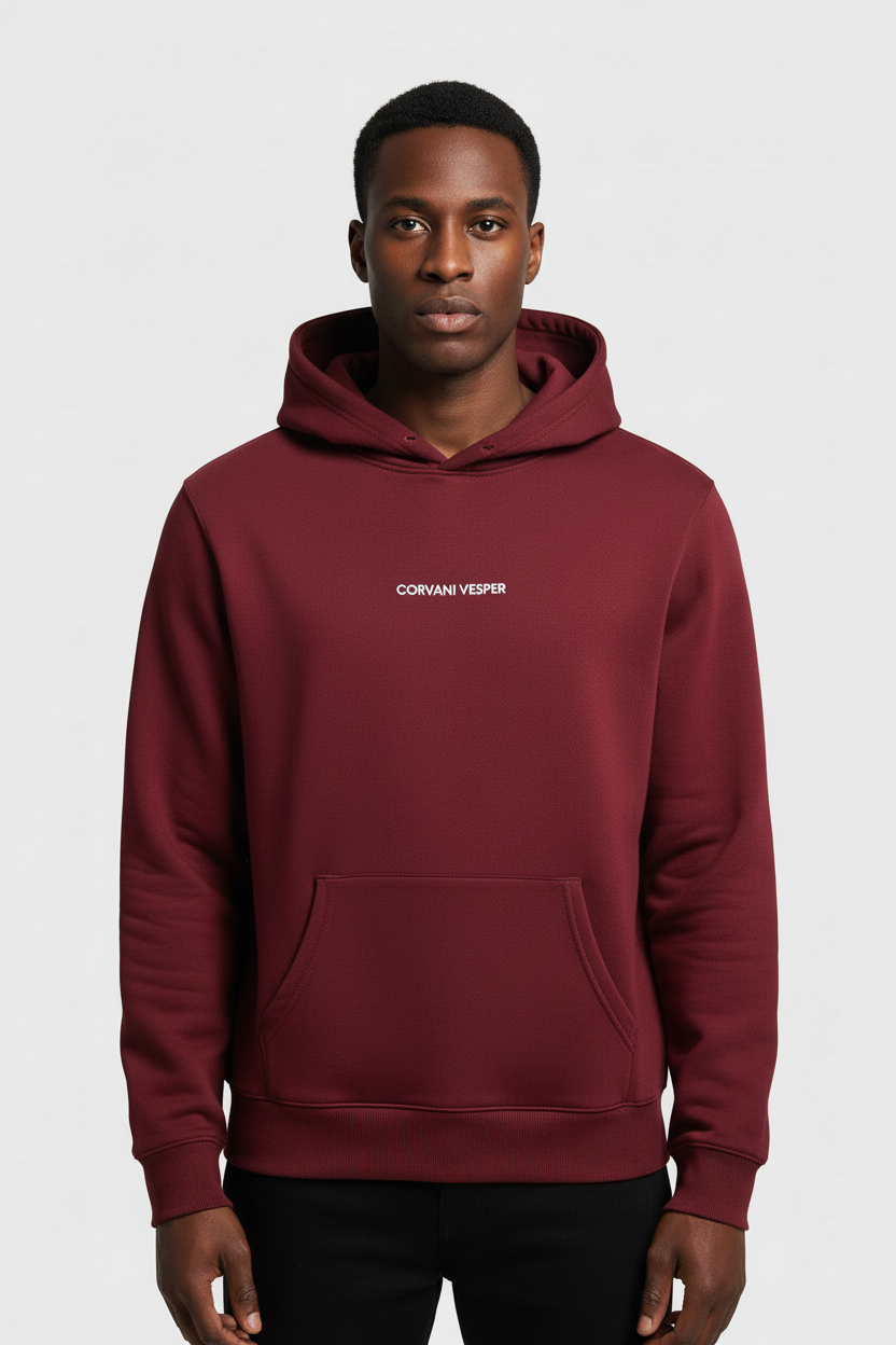 Corvani Vesper Classic hoodie set in Ruby Noir, featuring a cozy hoodie with matching pants, casual and stylish loungewear.