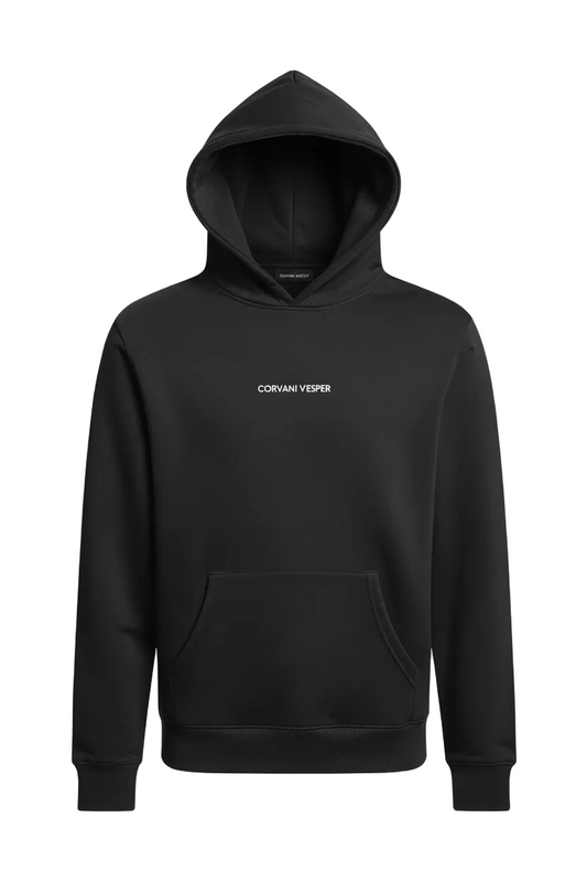 Corvani Vesper Classic Black hoodie set with a comfortable fit, featuring a hooded sweatshirt and matching pants.