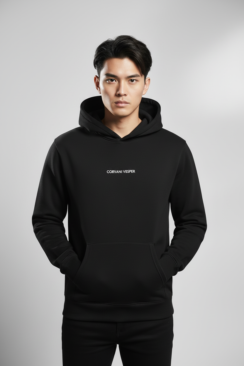 Corvani Vesper Classic Hoodie Set in black, featuring a comfortable hoodie and matching sweatpants with logo accents.