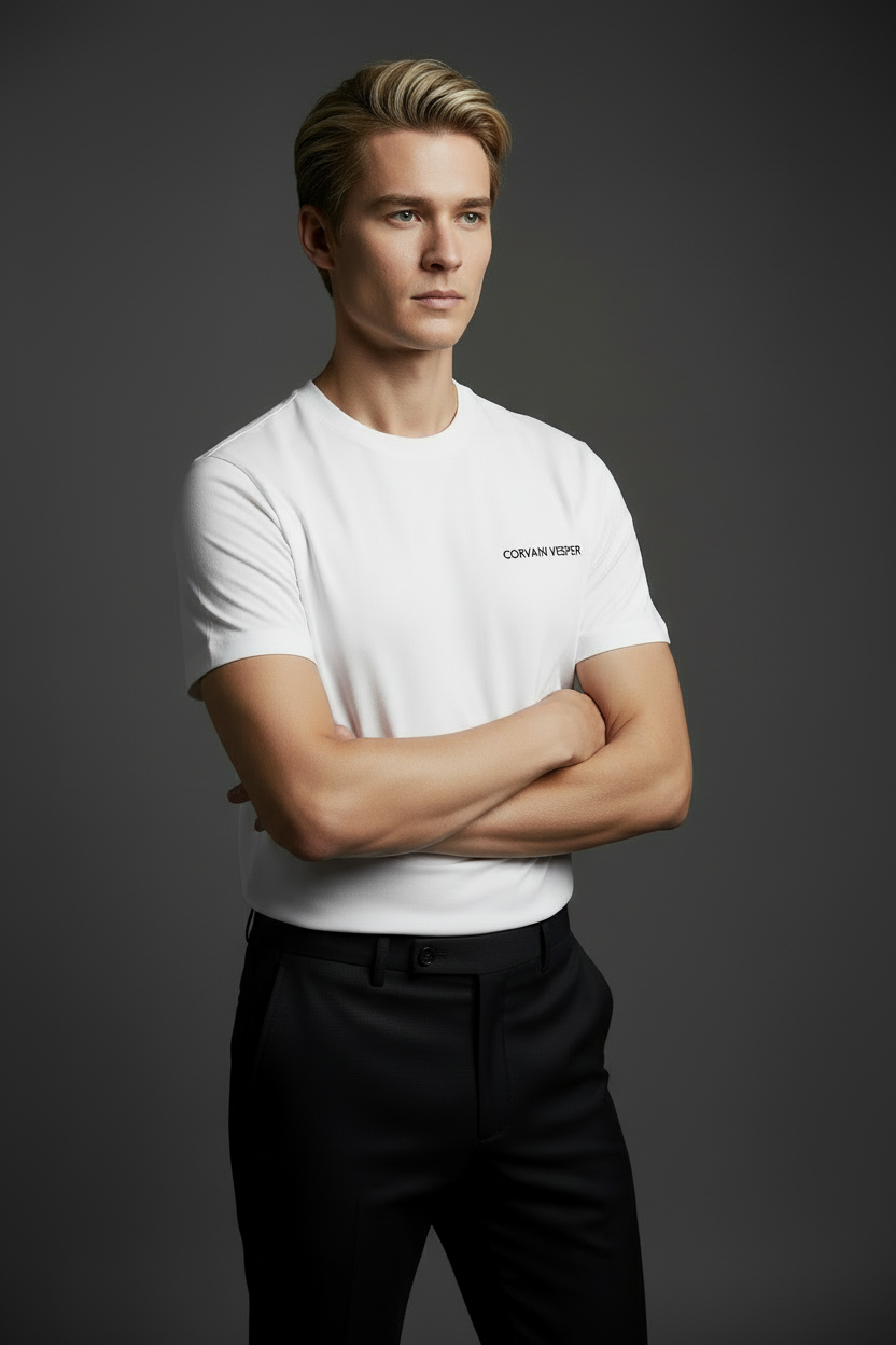 Exclusive Corvani Vesper embroidered logo T-shirt with front logo design, casual fit, and soft fabric in a stylish everyday look.
