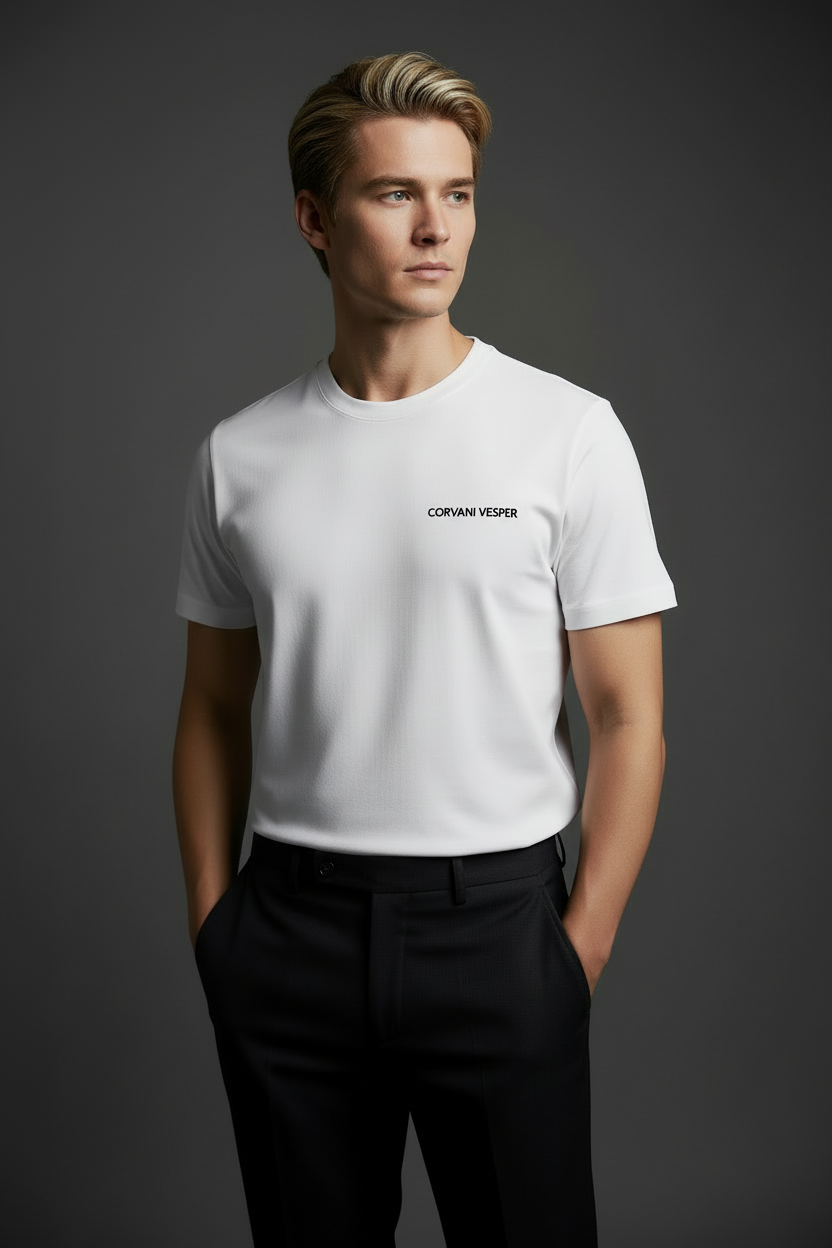 Corvani Vesper embroidered logo T-shirt by Exclusive, featuring a casual fit and embroidered logo on the chest.