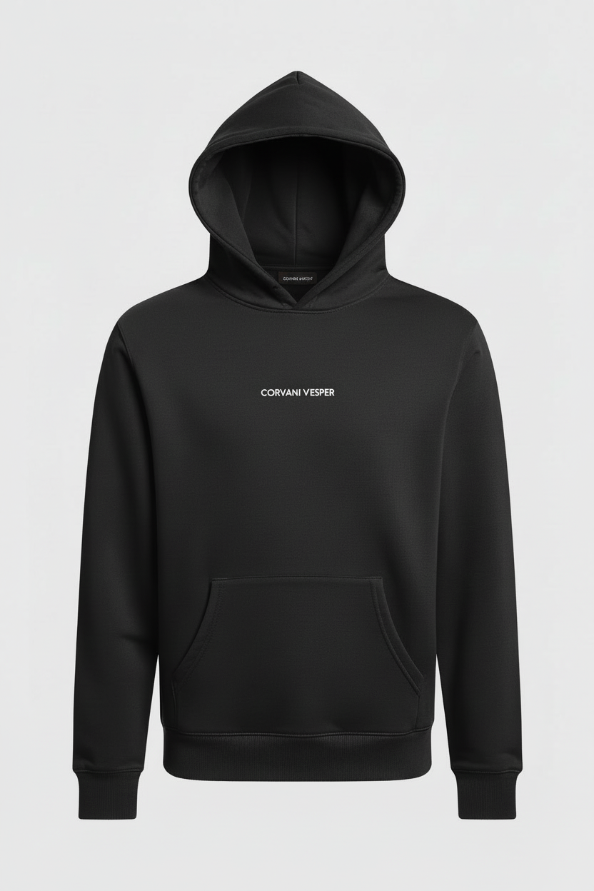 Corvani Vesper Classic hoodie set in black, featuring a comfortable hooded sweatshirt and matching joggers for casual wear.