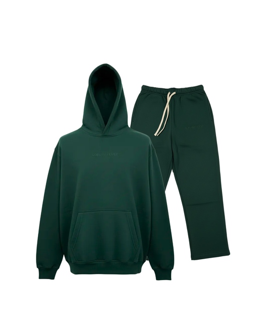 Dark green CORVANI VESPER Classico L Edition hoodie set with matching sweatshirt and joggers, casual and comfortable.