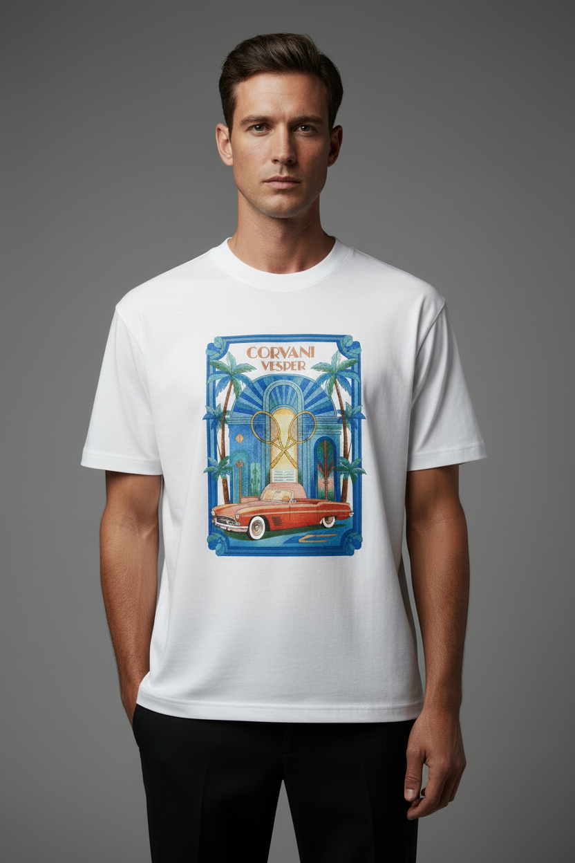White Corvani Vesper Vesper Vita al Mare Club T-shirt, front view showing the fit and fabric texture.