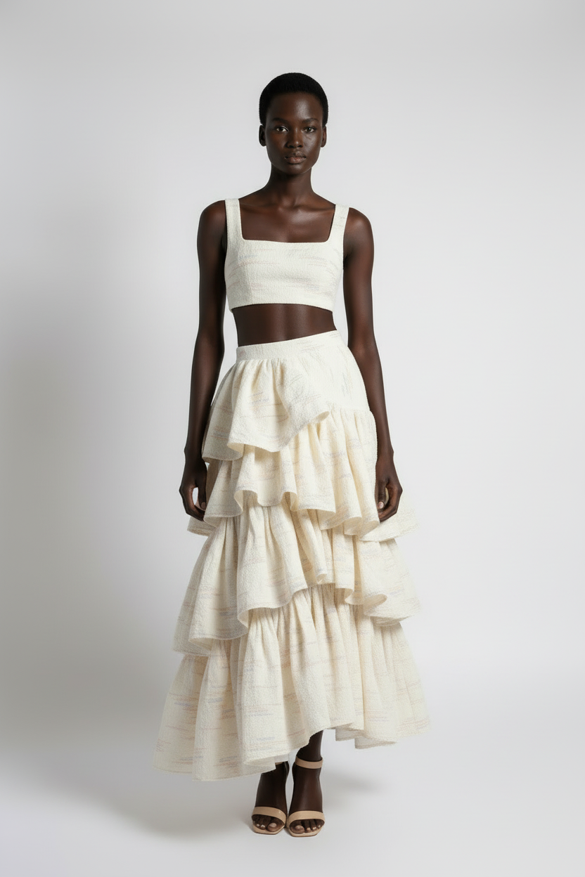 Corvani Vesper Tiered Texture Ruffle Midi Skirt - CORVANI VESPER