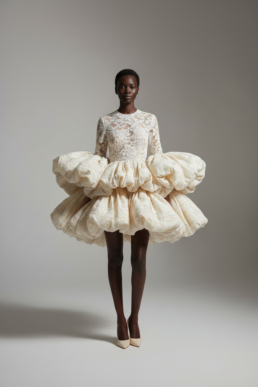 CORVANI VESPER ILẹ̀ Editorial ỌYA Dress shown in vibrant fabric with flowing design and intricate details.