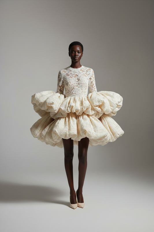 CORVANI VESPER ILẹ̀ Editorial ỌYA Dress shown in vibrant fabric with flowing design and intricate details.