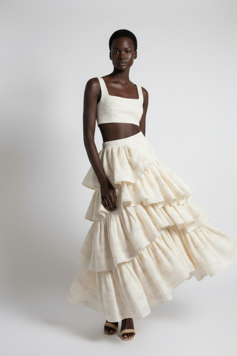 Corvani Vesper Tiered Texture Ruffle Midi Skirt - CORVANI VESPER