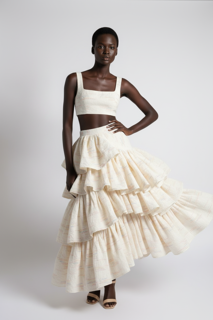 Corvani Vesper Tiered Texture Ruffle Midi Skirt - CORVANI VESPER