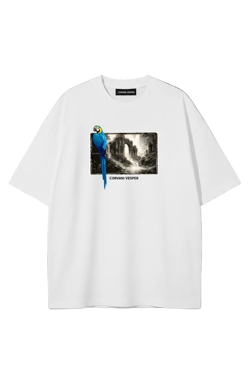 A white Aeterna Avium T-shirt by Exclusive with a colorful bird graphic on the front, casual and stylish men's T-shirt.