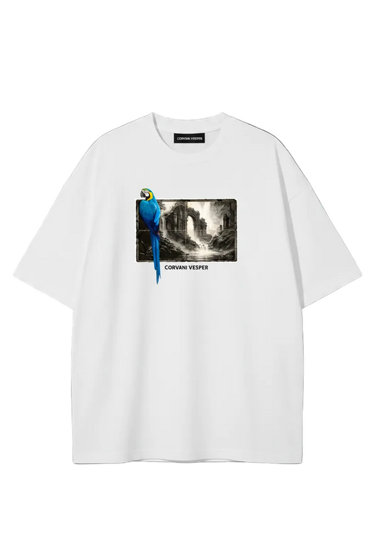 A white Aeterna Avium T-shirt by Exclusive with a colorful bird graphic on the front, casual and stylish men's T-shirt.