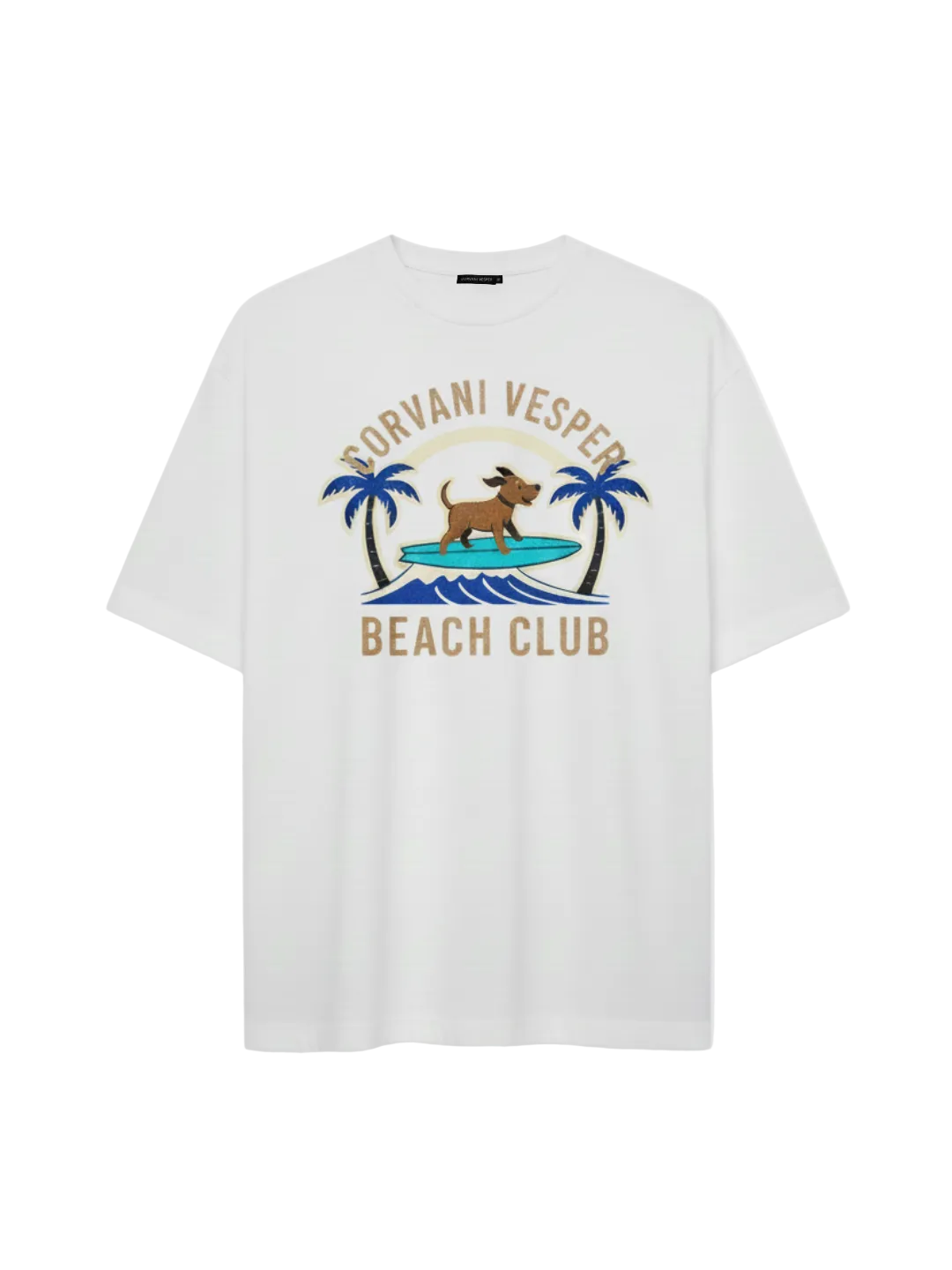 Corvani Vesper T-shirt featuring a beach club pup design, in vibrant colors, made from comfortable fabric for casual wear.