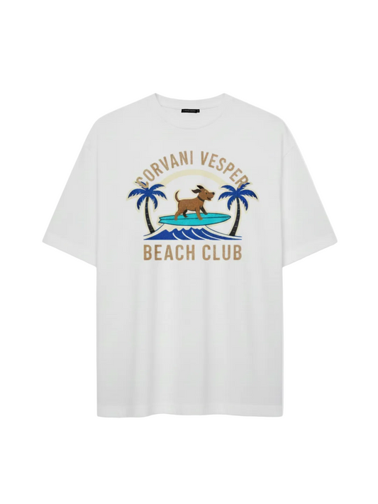 Corvani Vesper T-shirt featuring a beach club pup design, in vibrant colors, made from comfortable fabric for casual wear.