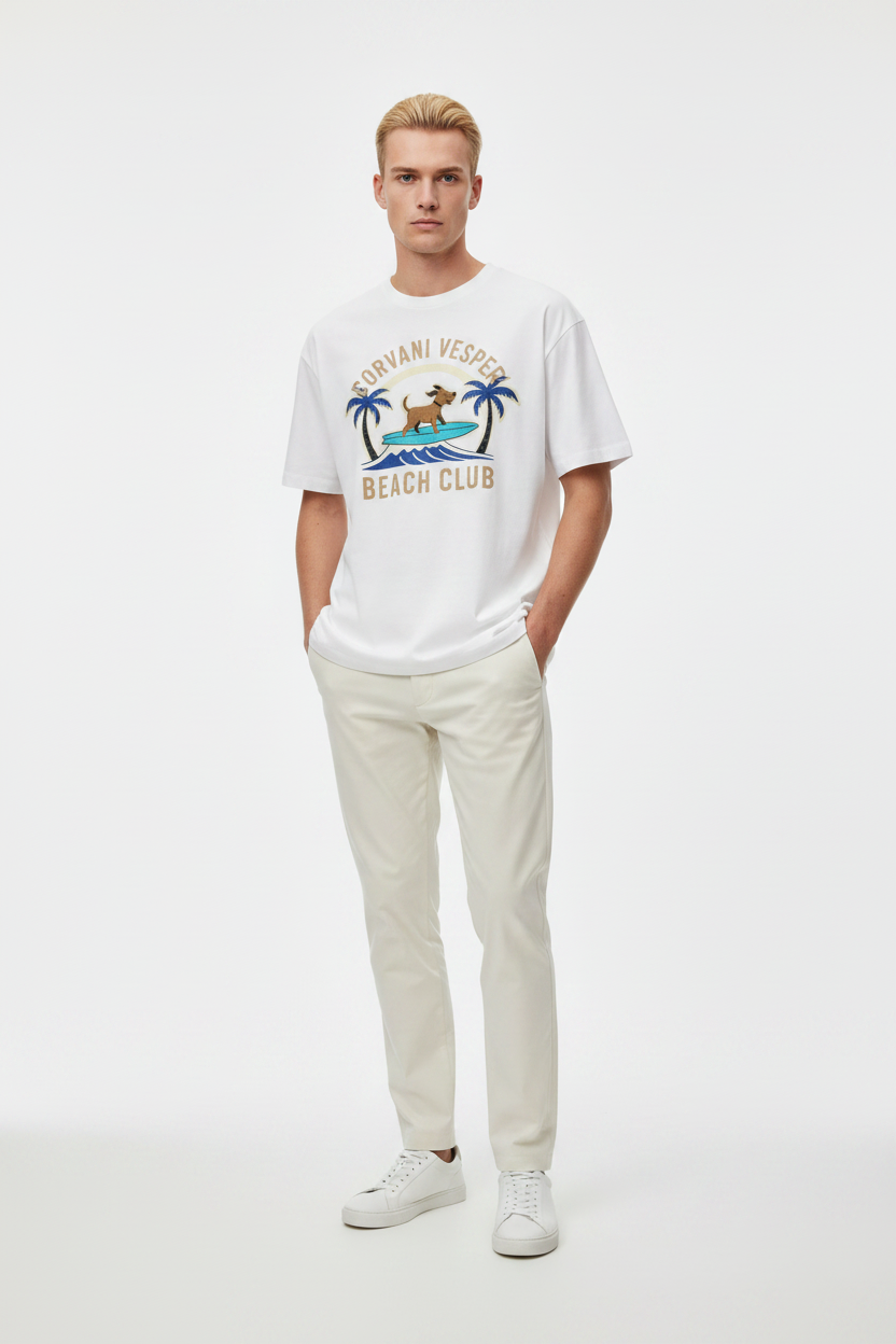 Corvani Vesper Vita Al Mare Pups Beach Club T-shirt featuring a seaside design, casual fit, and vibrant colors for beachwear.