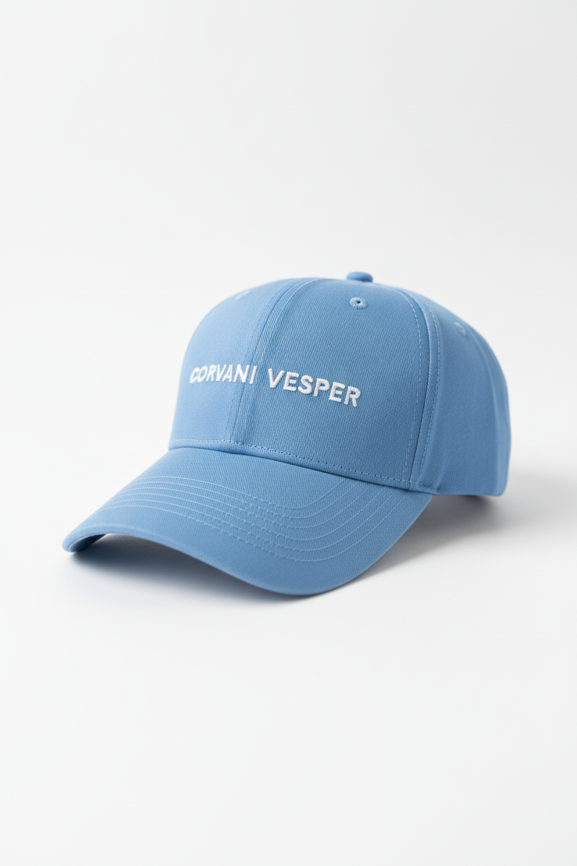Corvani Vesper classic white embroidered face cap with curved brim and adjustable strap, stylish casual headwear.