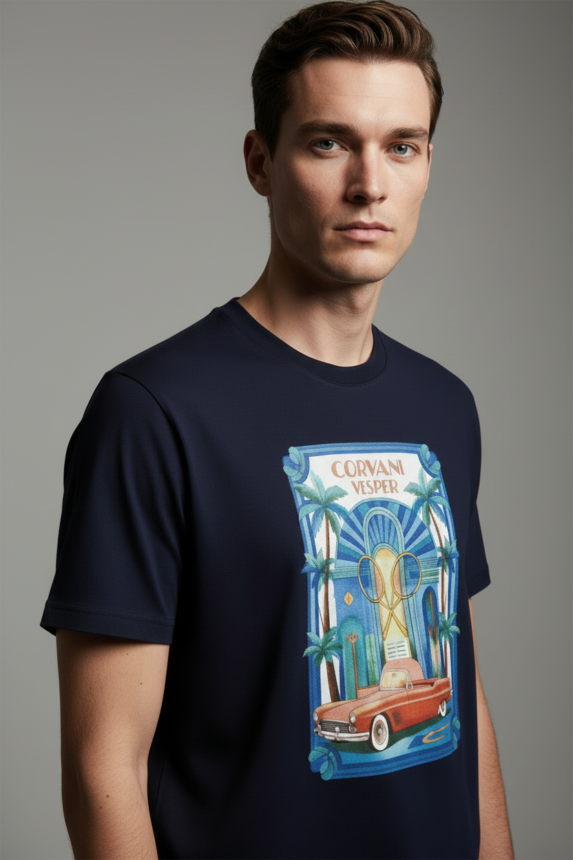 Dark blue Corvani Vesper T-shirt featuring a Vesper Vita al Mare Club motif, casual and stylish men's clothing.
