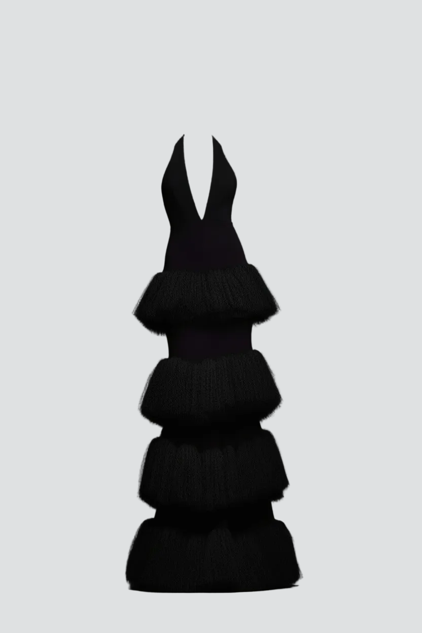 Noir Cascade Black Tiered Tulle Dress