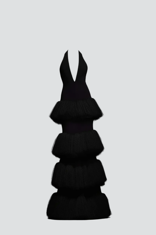Noir Cascade Black Tiered Tulle Dress