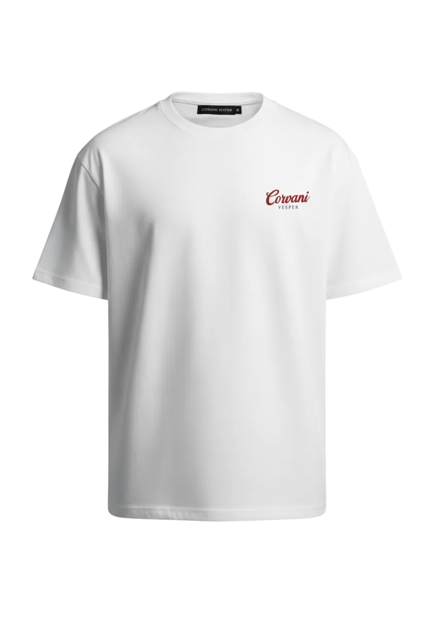 Corvani Vesper Vita Almare Coupe Della Costa T-shirt in light fabric with a coastal-inspired design, displayed flat on a white background.