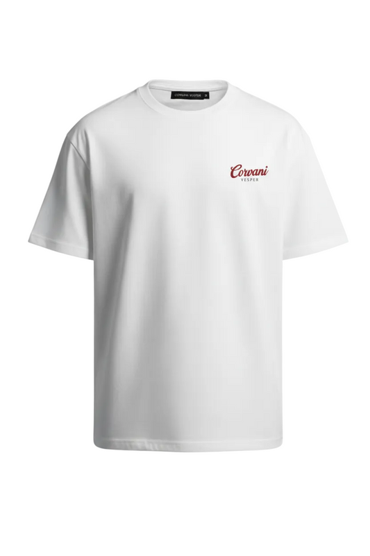 Corvani Vesper Vita Almare Coupe Della Costa T-shirt in light fabric with a coastal-inspired design, displayed flat on a white background.