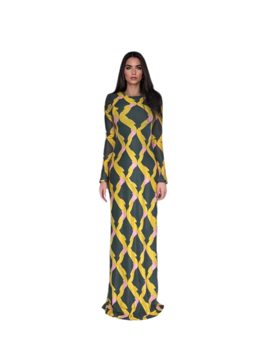 Riviera Diamante Printed Mesh Maxi Dress