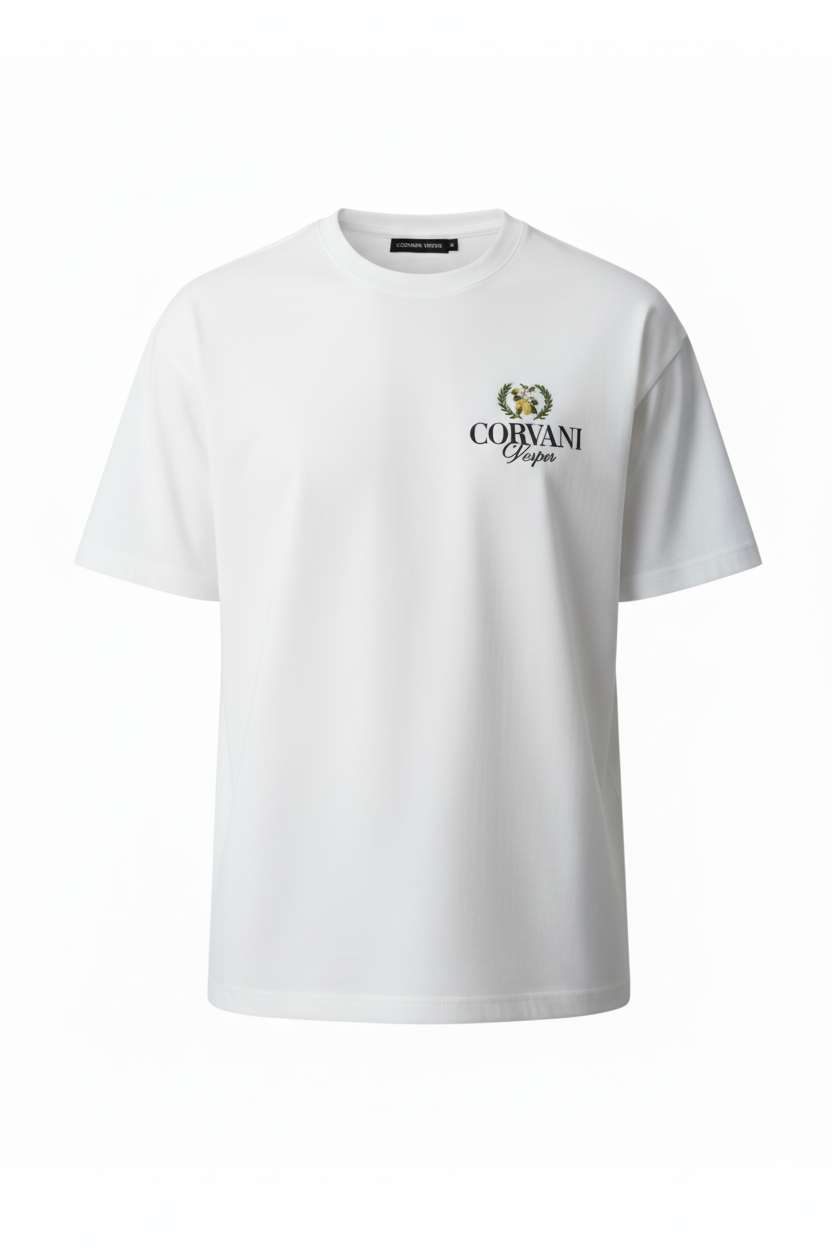 White Vita Al Mare Limone T-shirt by CORVANI VESPER, featuring a relaxed fit and lemon graphic design on soft cotton fabric.