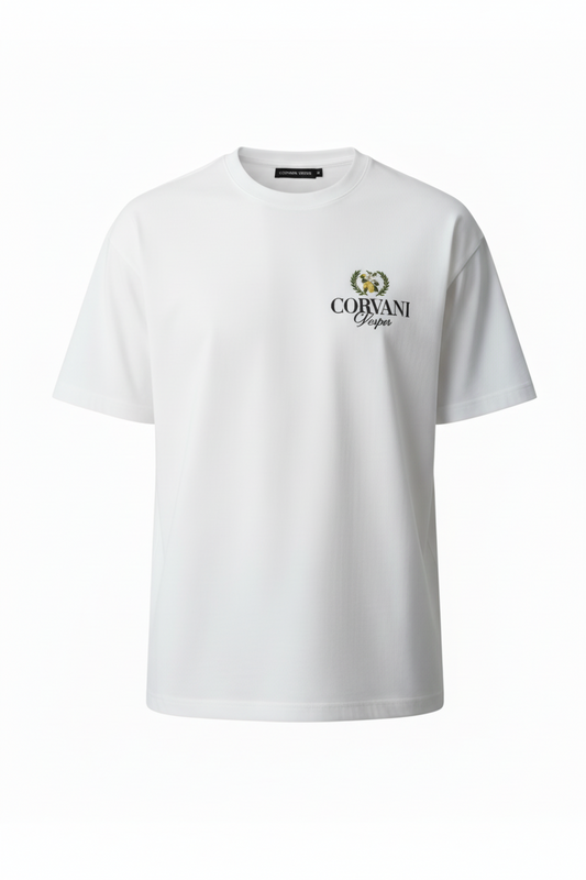 White Vita Al Mare Limone T-shirt by CORVANI VESPER, featuring a relaxed fit and lemon graphic design on soft cotton fabric.