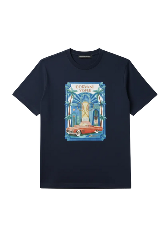 Corvani Vesper Vita al Mare dark blue T-shirt by Founders Access with a vibrant motif, casual fit, and soft cotton fabric.
