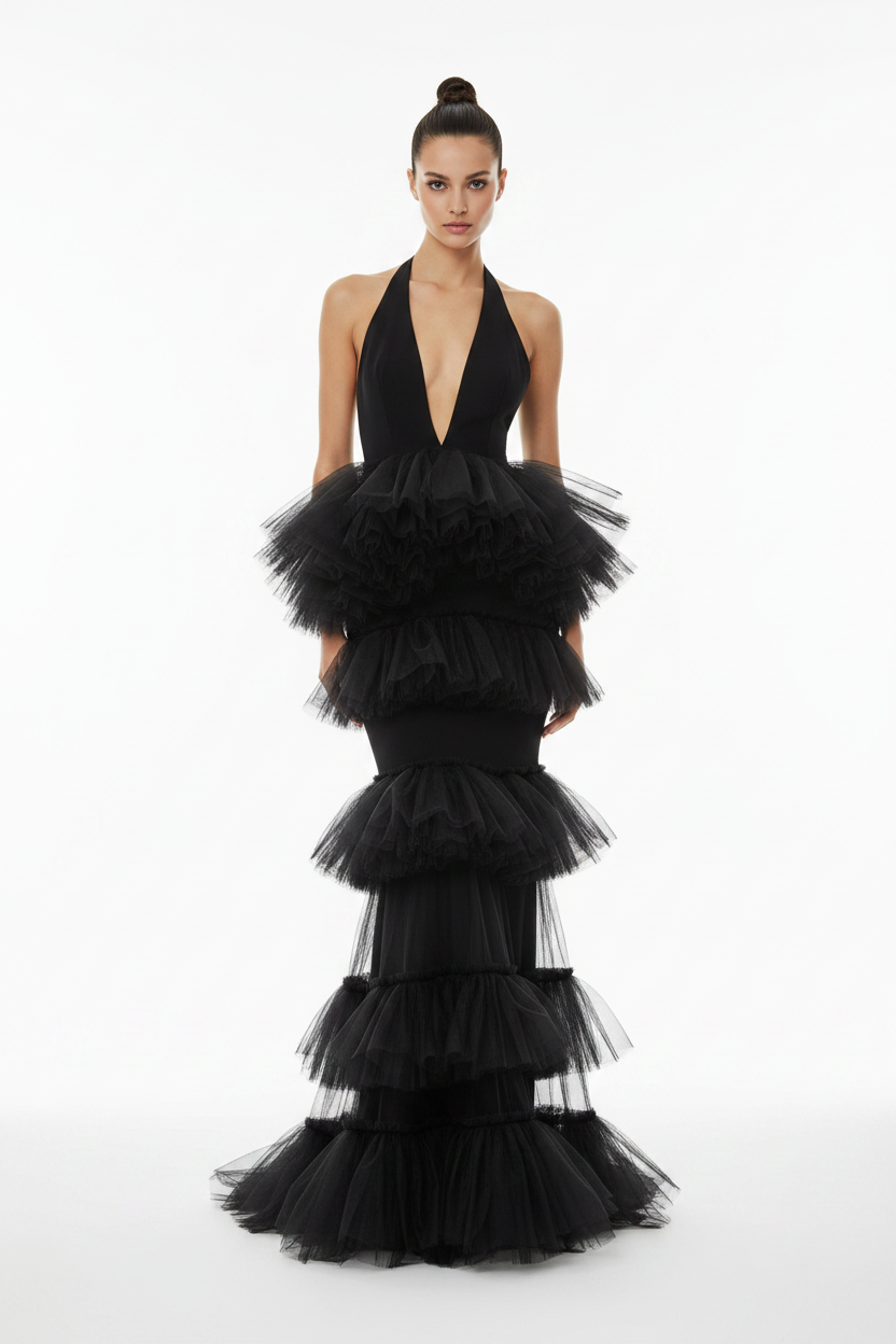 Noir Cascade Black Tiered Tulle Dress