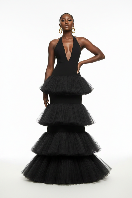 Noir Cascade Black Tiered Tulle Dress