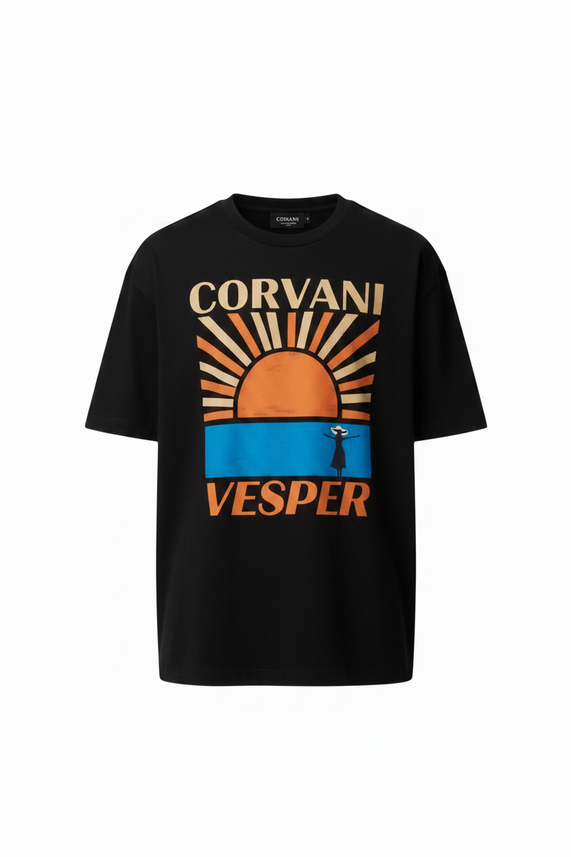 Corvani Vesper Vita Al Mare sun T-shirt in vibrant fabric, with a sun and sea design on the front, casual fit and short sleeves.